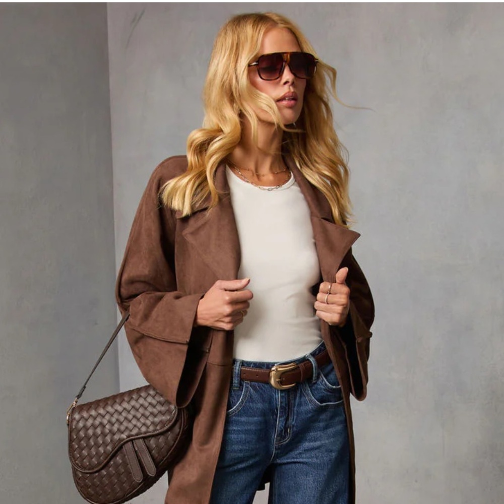 NEW - Brown Suede Waist Tie Jacket - Size Small